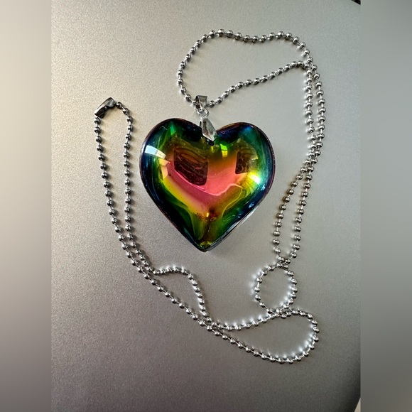 Crystal Glass Multicolor Heart Charm Pendant  Necklace Big 43mm 3D 60cm Chain - Picture 2 of 8